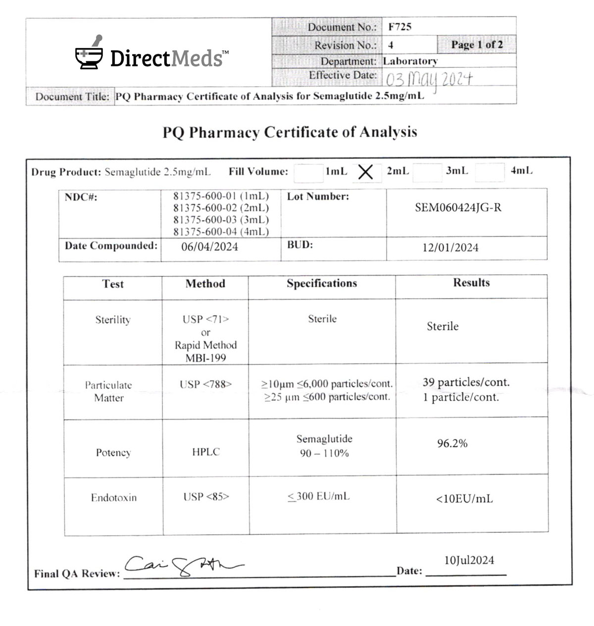 Pharmacy Certificate of Analysis (Semaglutide)