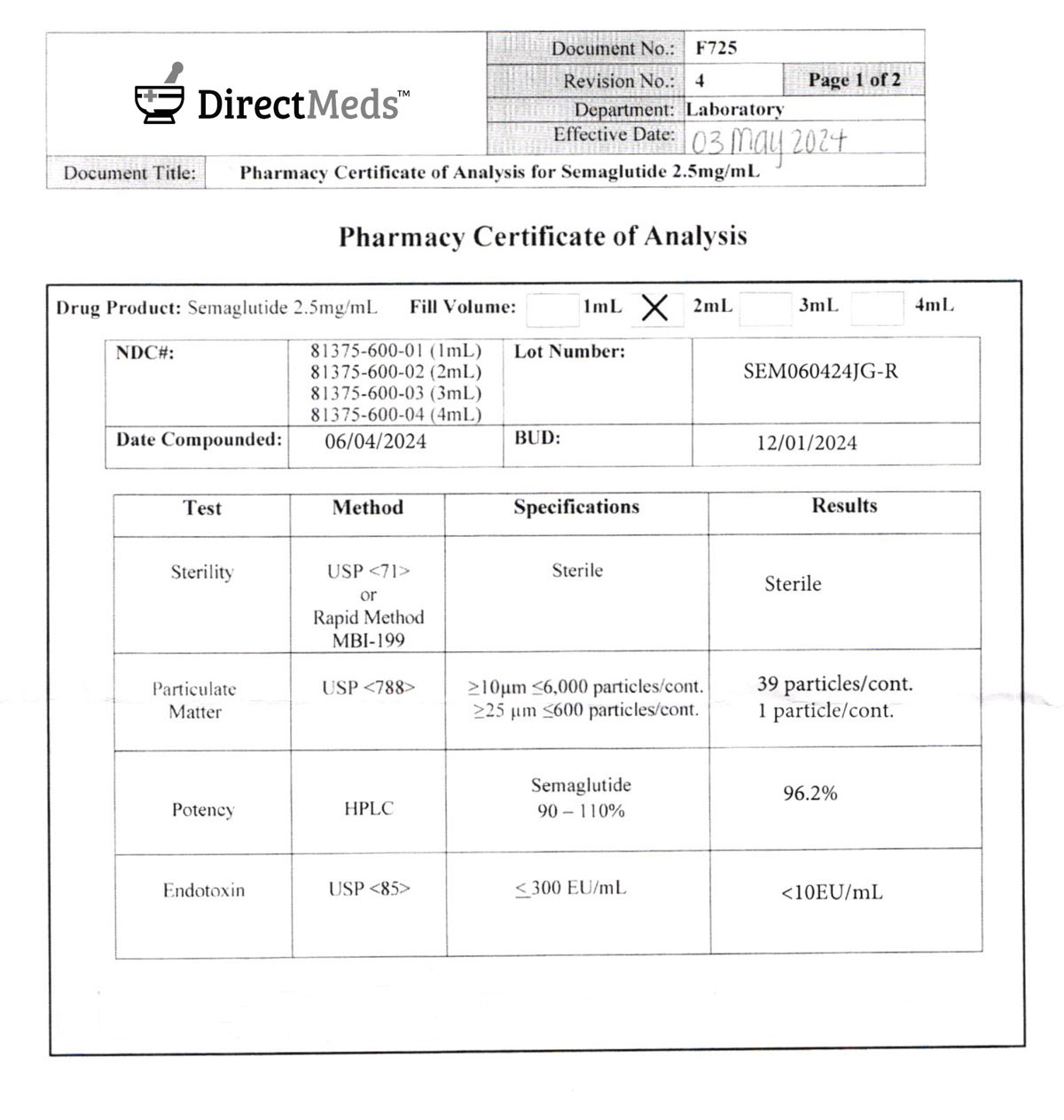 Pharmacy Certificate of Analysis (Semaglutide)